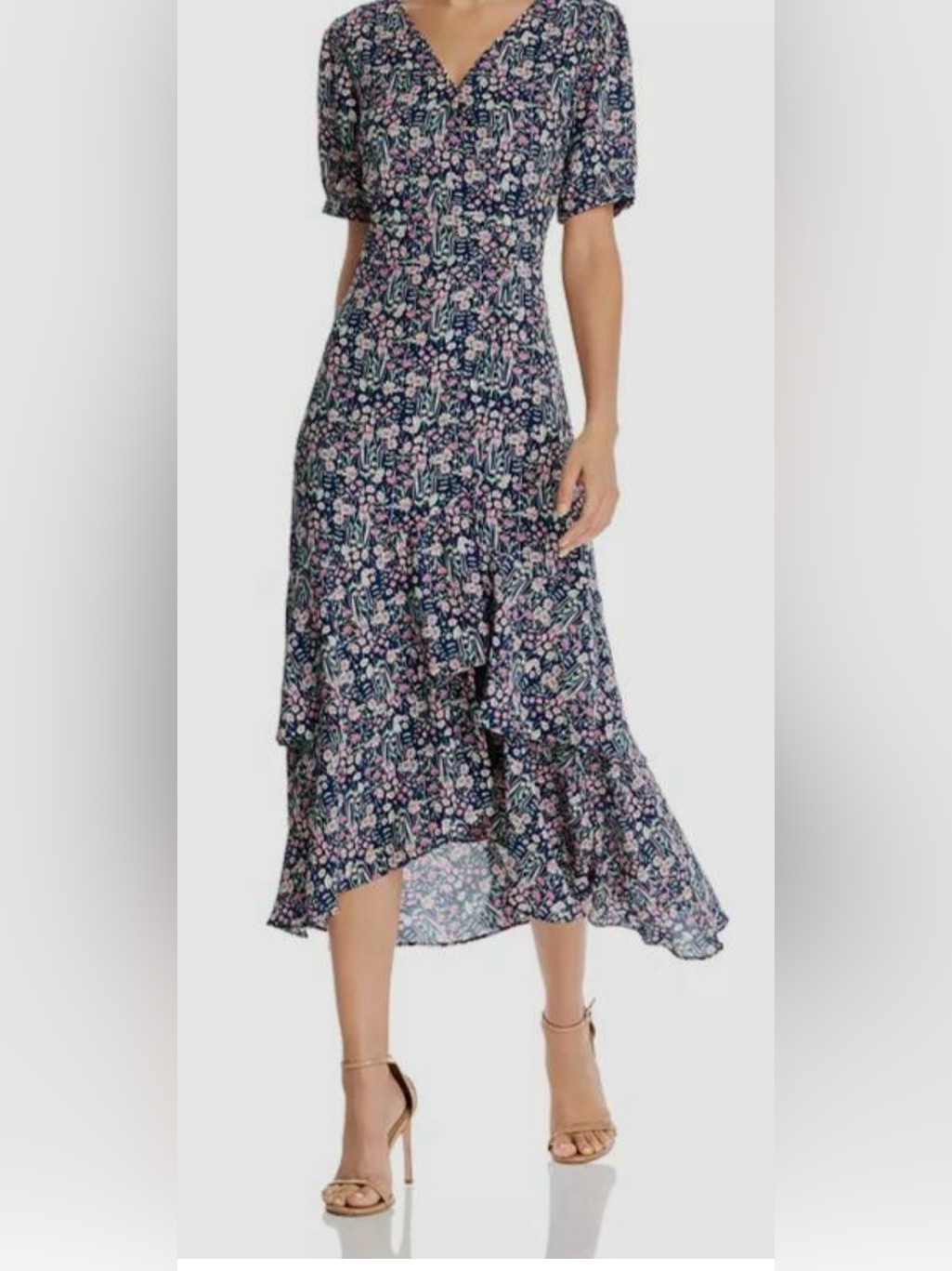 Nanette Lepore Floral Puff Sleeve Wrap Dress Ruffle Hem Navy